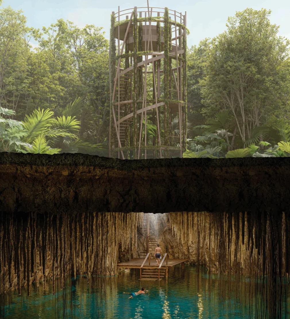 Mirador suspendido sobre el Cenote Mirador en Selvadentro Tulum