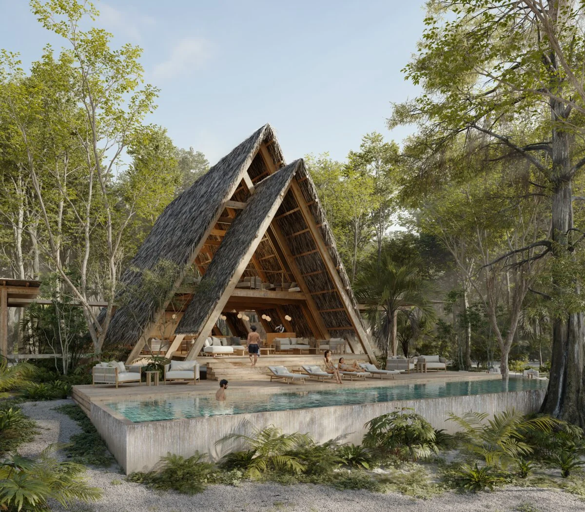 A-frame restaurant pavilion beside the pool, in the jungle at Selvadentro