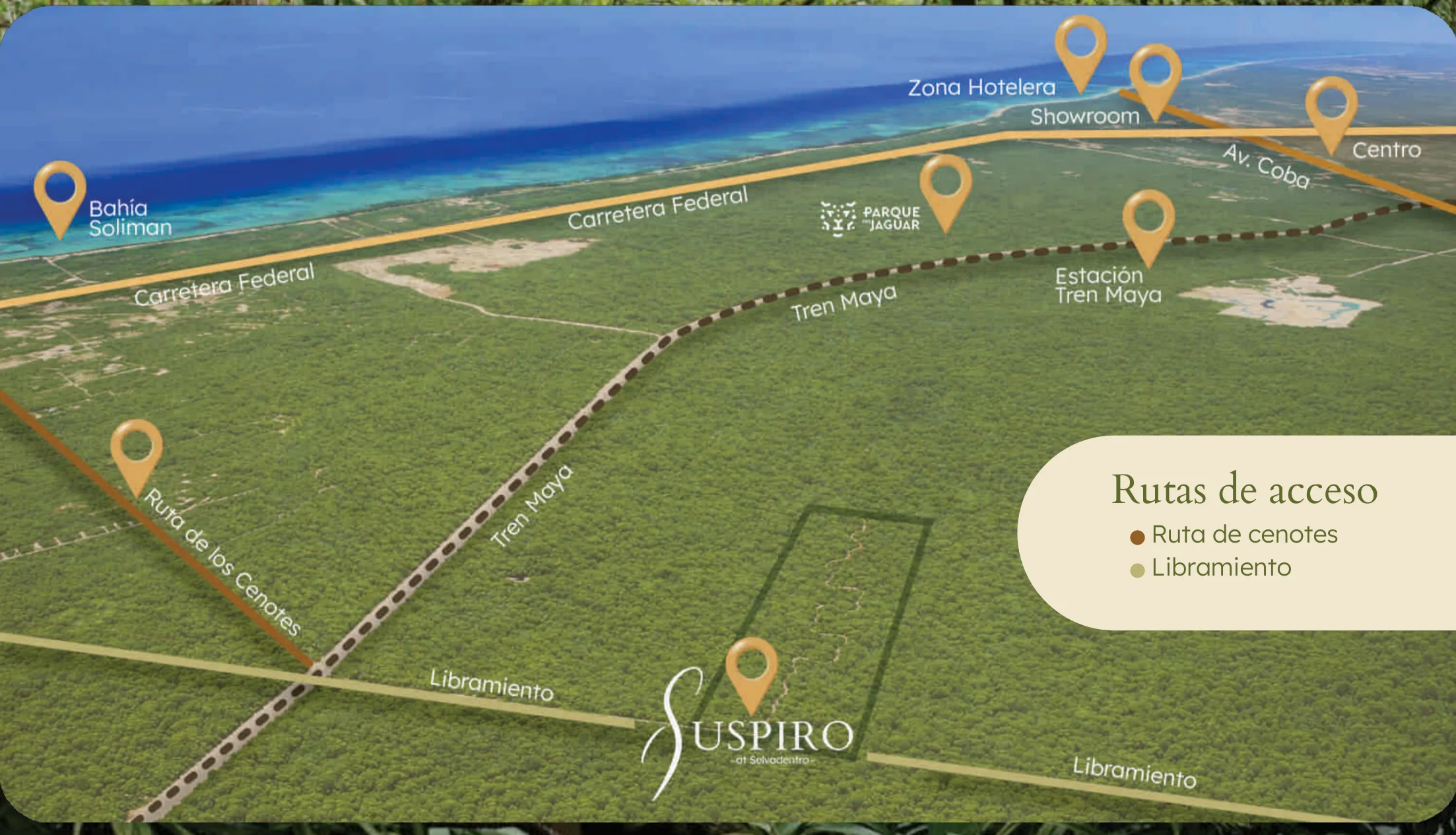 Access-routes map for the Ruta de los Cenotes: Maya Train, Tulum airport and the Playa-Cobá bypass